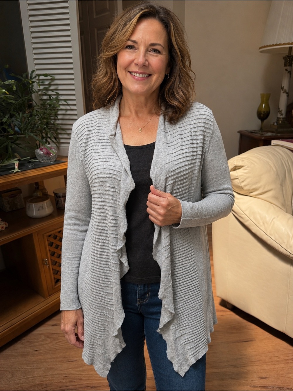 Eileen Fisher Light Gray Ruffled Open-Front Cardigan, cotton/linen, size L